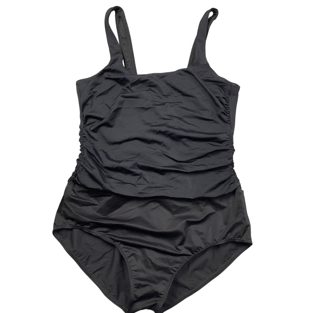 Lands' End 1 Piece Swimsuit Women‎ 16L Black Ruched Draped Modest Beachwear